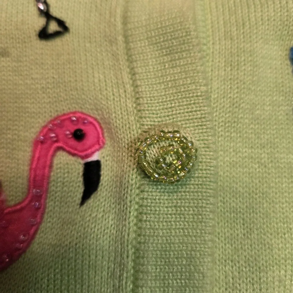 Berek Size S Green Twinset Embroidered Beaded Cocktails Flowers Flamingo Sweater - Picture 8 of 9